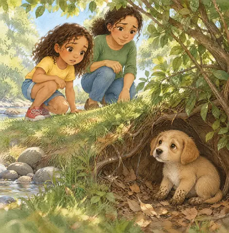 Under a creekside bush hid a lost puppy, trembling and muddy.