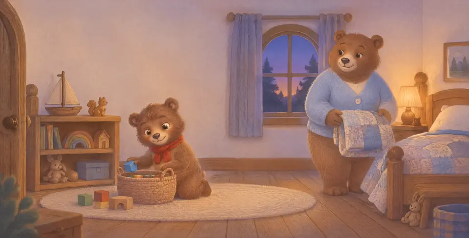Baxter, a small bear, told Mama, “I want my cozy quilt after tidying up.”