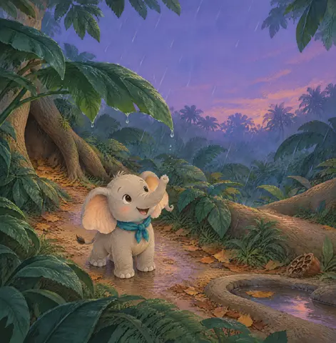 Whoosh! Cool drops suddenly tickled his trunk beneath rustling leaves. “Pitter-patter, let me hear!”