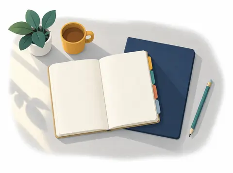 An open notebook with four blank section tabs on a desk.