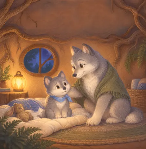 Bedtime came softly. Little Wolf wanted it to wait.