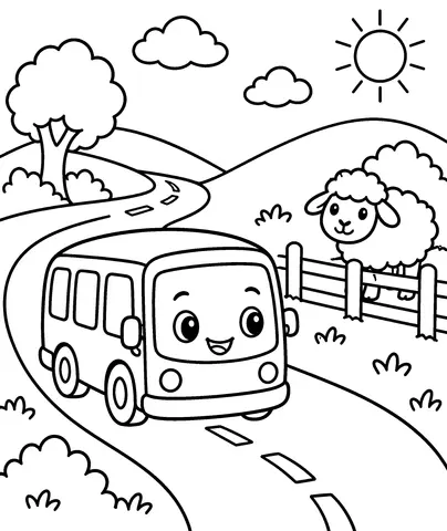 Rolling Through Hills Color the bus, hills, and fluffy sheep.