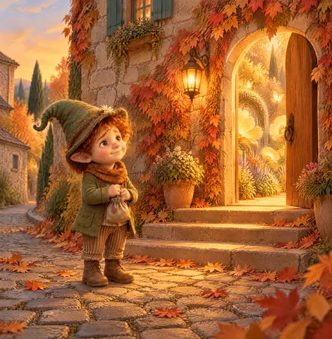 With his moss-green hat, orange scarf, and little cloth bag, he wanders the quiet cobblestone streets, wishing for just one…