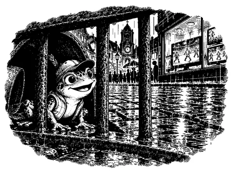Joe watches the glowing screens from his drain shelter.