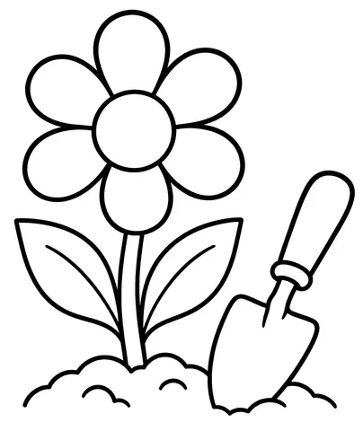 Color the Garden Color the flower and garden tools. Can you find the flower and the trowel?