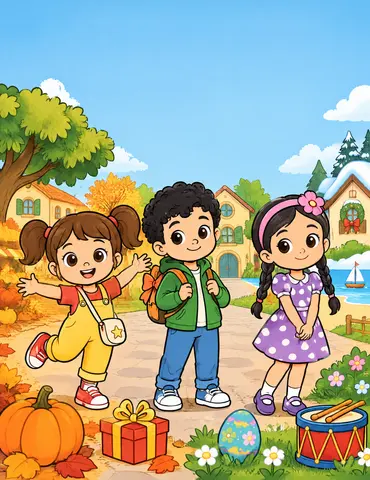 Cover of Lila, Noé et Mina : les fêtes au fil des saisons, a kids' coloring book by lux